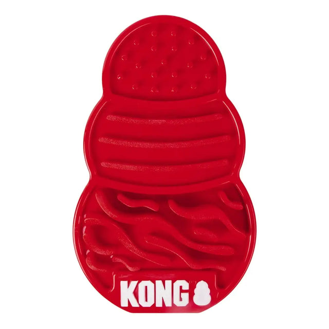 Red kong dog toy kong licks with textured segmented design and suction cups for licking releases endorphins