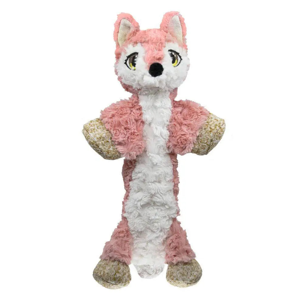 Pink and white plush kong low stuff flopzie fox medium with textured fur tan paws yellow eyes and multiple squeakers