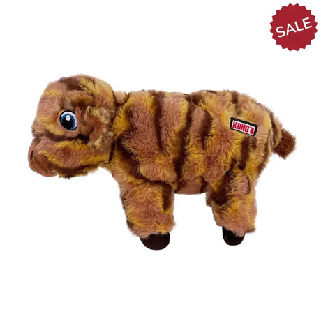A plush kong low stuff tiger toy with brown and orange stripes blue eyes perfect for low stuff stripes cow play
