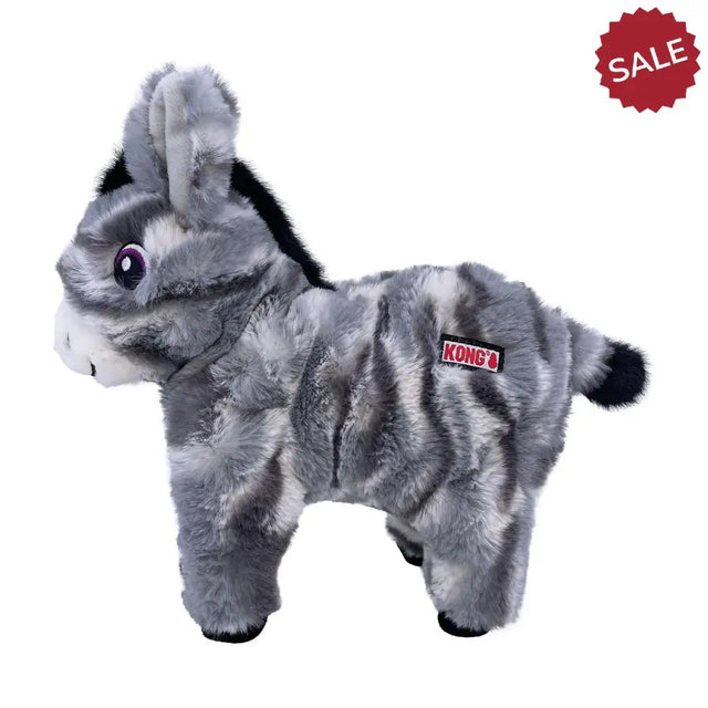 Gray plush kong low stuff stripes donkey toy with black stripes and red kong brand tag for gentle play