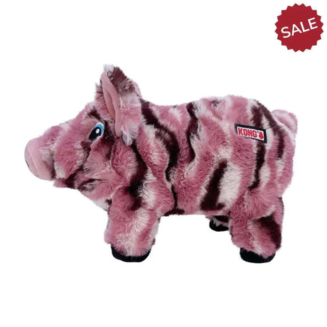 Pink and black striped plush pig toy by kong low stuff perfect for gentle play and chew sessions