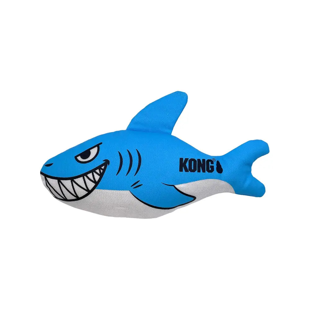 Blue plush kong maxx shark dog toy with white underbelly black details and kong logo for lasting fun dog toy