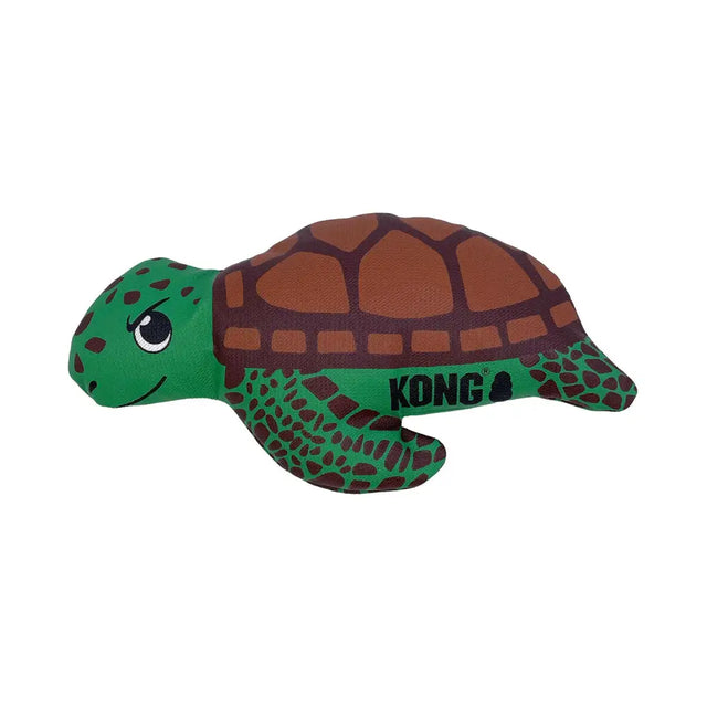 Green and brown plush kong maxx turtle toy with smiling face and kong brand logo on its side