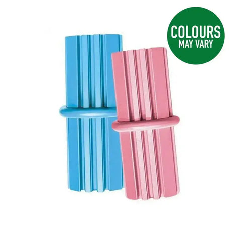 Kong puppy teething stick chew toys in blue and pink with exclusive denta-ridges to soothe sore puppy gums