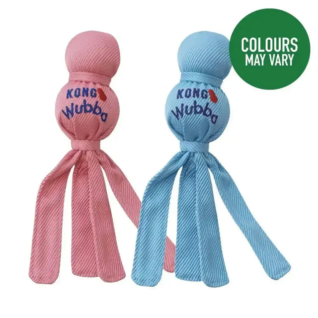 Pink and blue kong puppy wubba wubba dog toy made of textured fabric with embroidered branding for interactive toss play