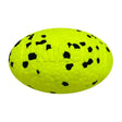 Bright neon yellow kong reflex football dog toy with black spots and textured surface for interactive play