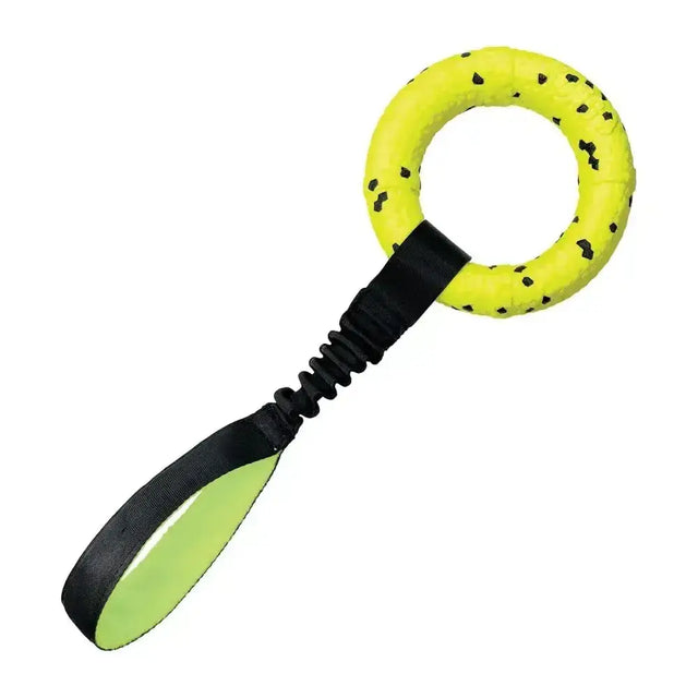 Bright yellow kong reflex tug dog toy with black speckles and elastic strap featuring self-healing properties repair