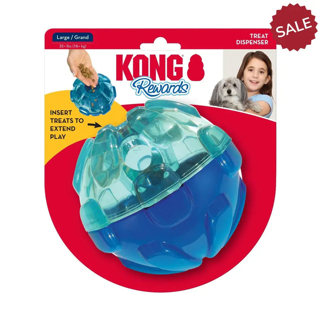 Blue and translucent teal kong rewards ball L with textured design for mental stimulation and to manage weight in dogs