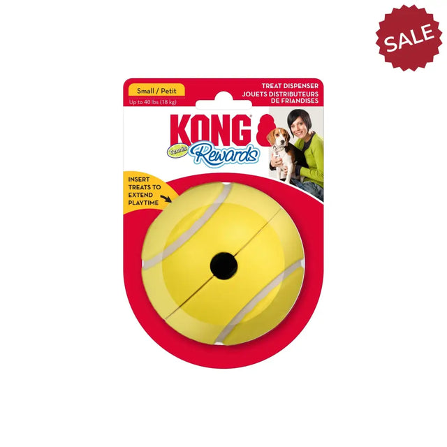 Yellow kong rewards tennis small treat dispenser with black center hole and silver stripes for food bowl replacement