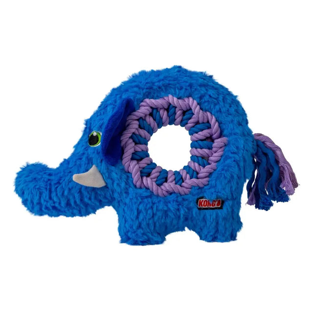 Blue plush kong ringaroos elephant toy with purple rope ring and kong logo on its side for interactive play