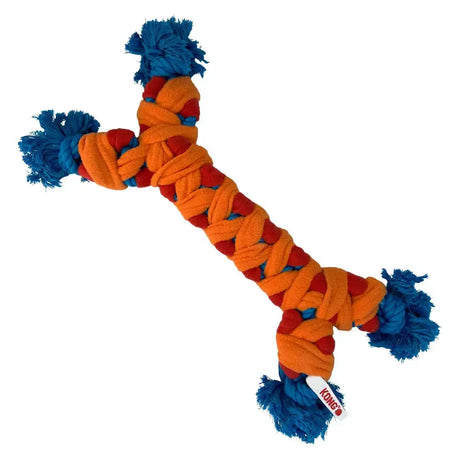 Bright orange and red braided kong rope rally bone dog toy with blue tassels and kong brand tag for chewing fun