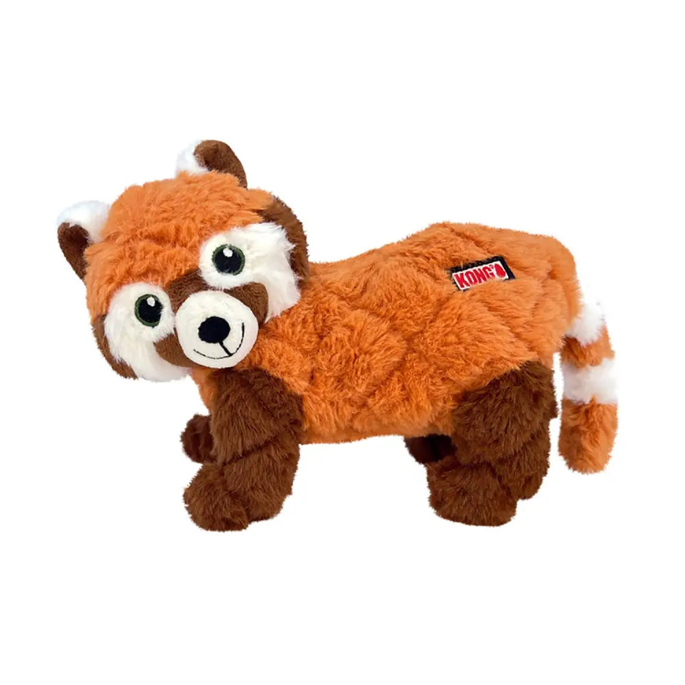 Orange and brown kong scampers red panda plush dog toy with white face accents and quilted body texture