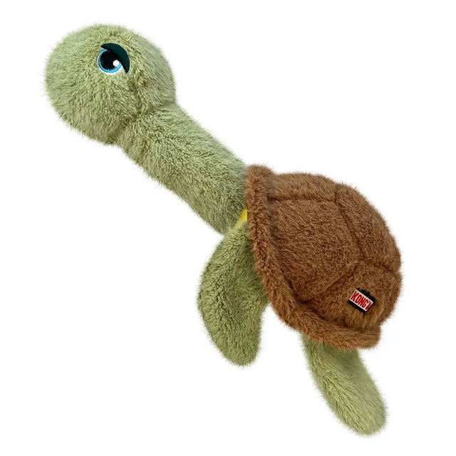 A soft plush dog toy kong scruffs turtle in green with brown shell and blue eyes featuring the kong logo