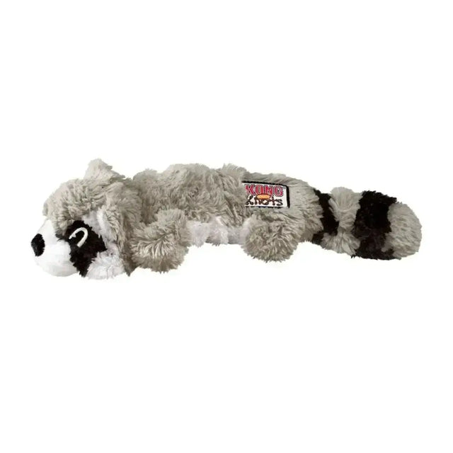 Gray and black plush raccoon dog toy with soft fuzzy texture and striped tail from kong scrunch knots raccoon line