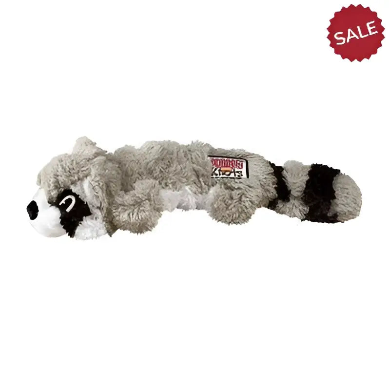 Gray and black plush kong scrunch knots raccoon medium dog toy with internal knots satisfy chewing needs and soft fuzzy texture