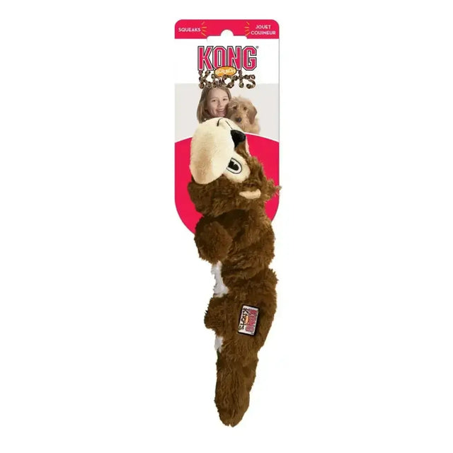 Brown and white plush squirrel dog toy with squeaker from kong scrunch knots perfect for playful pups