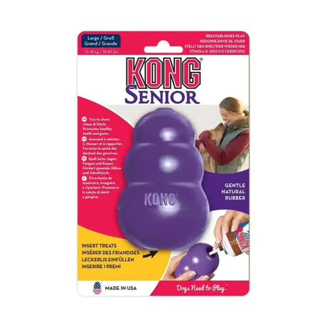 Purple kong senior dog toy made of gentle natural rubber designed for aging dogs chewing needs