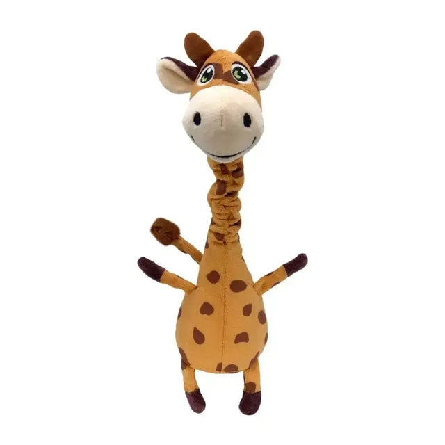 A tan plush kong shakers bobz giraffe dog toy with brown spots and green eyes for playful pups