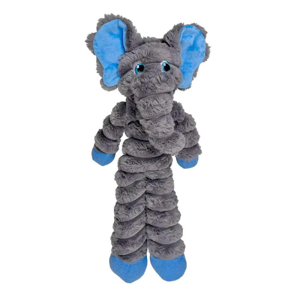 Gray plush kong shakers crumples elephant toy with blue ears feet and eyes in the toy’s jumbo size