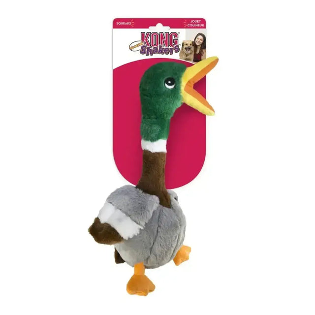 A plush kong shakers honkers duck toy with green head yellow beak and soft fabric perfect for dog’s natural chewing