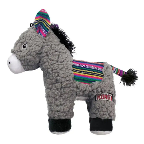 Gray kong sherps donkey plush dog toy with colorful striped fabric accents and black feet, irresistibly soft sherps donkey dog