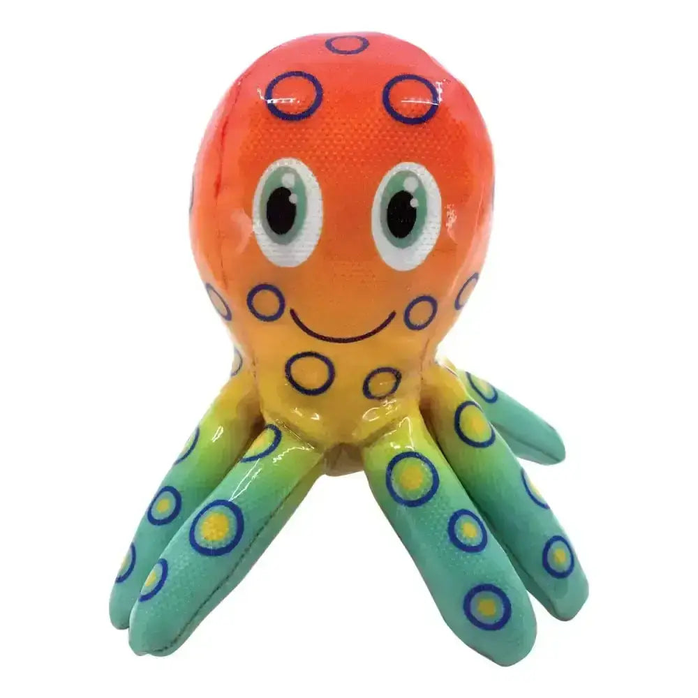 A colorful kong shieldz tropics octopus dog toy with a gradient orange to green plush body and blue-outlined circles