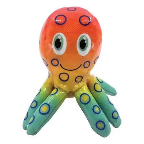 A colorful kong shieldz tropics octopus dog toy with a gradient orange to green plush body and blue-outlined circles