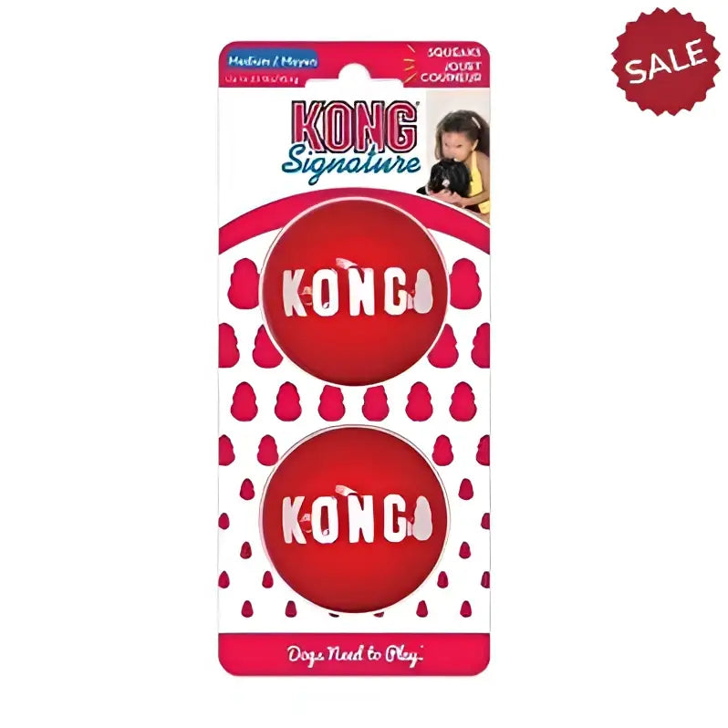 Red kong signature balls x2 medium made of durable rubber with textured surface for easy grip and play