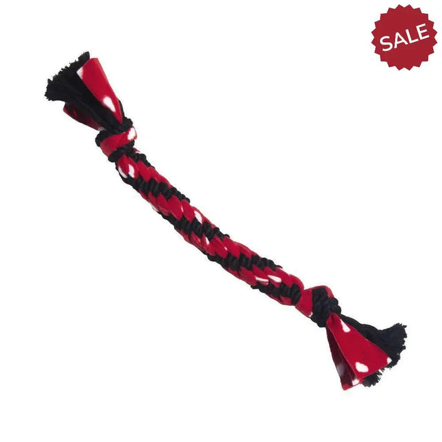 Red and black braided kong signature rope dual knot tug with white polka dots for strong interactive play