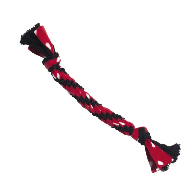 Red and black braided kong signature rope dog toy with white polka dots for uncompromised stretchy delight