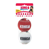 Red and white kong signature sport balls with durable walls in mesh net for long lasting fetching fun and dynamic bounce deliver
