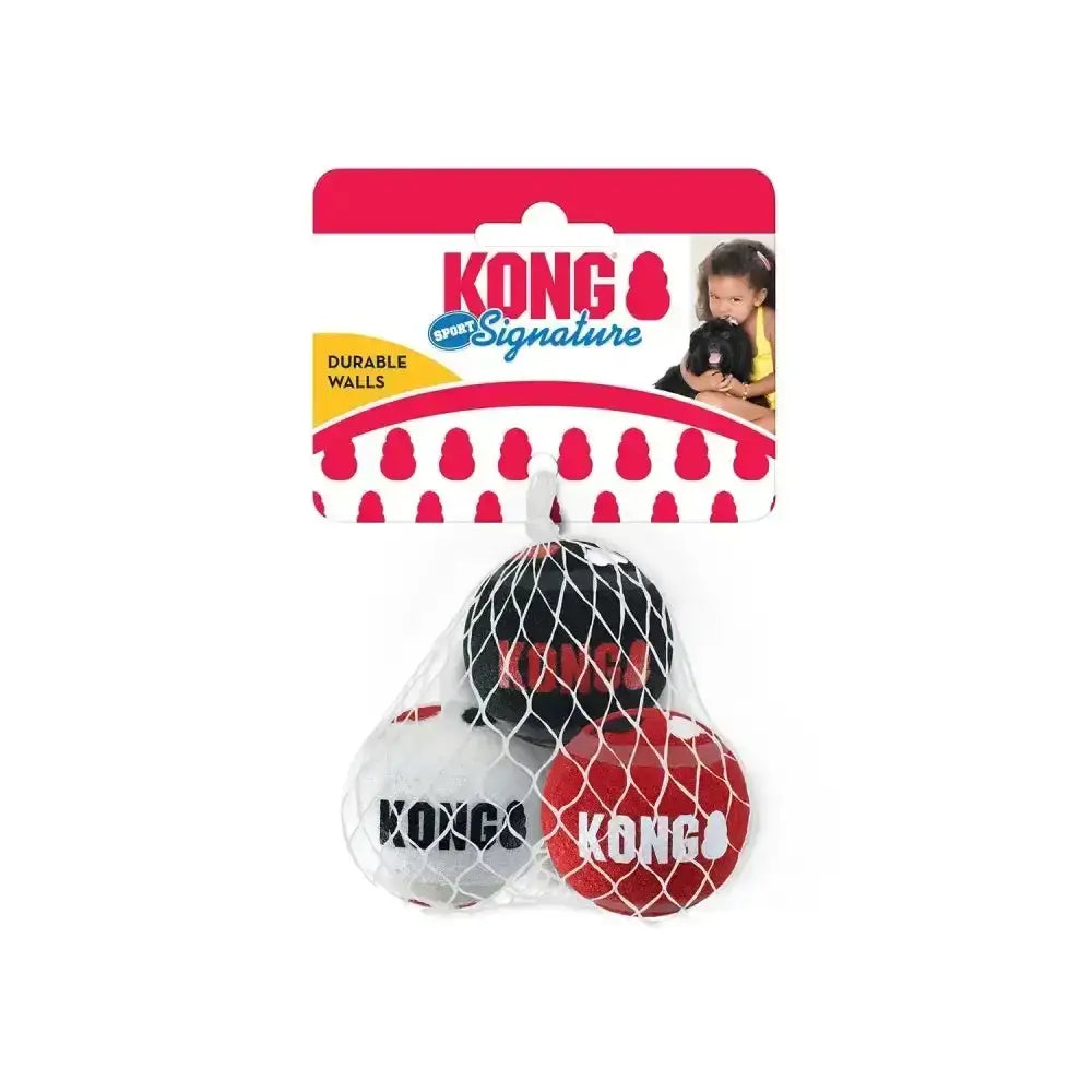 Three kong signature sport balls in black white and red mesh bag offering dynamic bounce and long lasting fetching fun