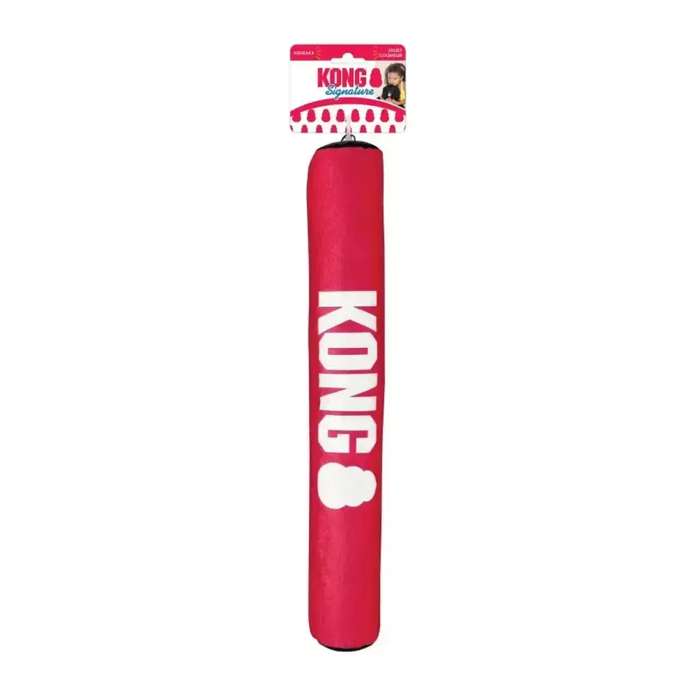 Red kong signature stick dog toy with white lettering designed for long lasting tugging to satisfy dogs instinctual play