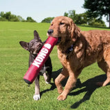 Red kong signature stick dog toy with white lettering and black ends designed for long lasting tugging and to satisfy dogs instinctual play