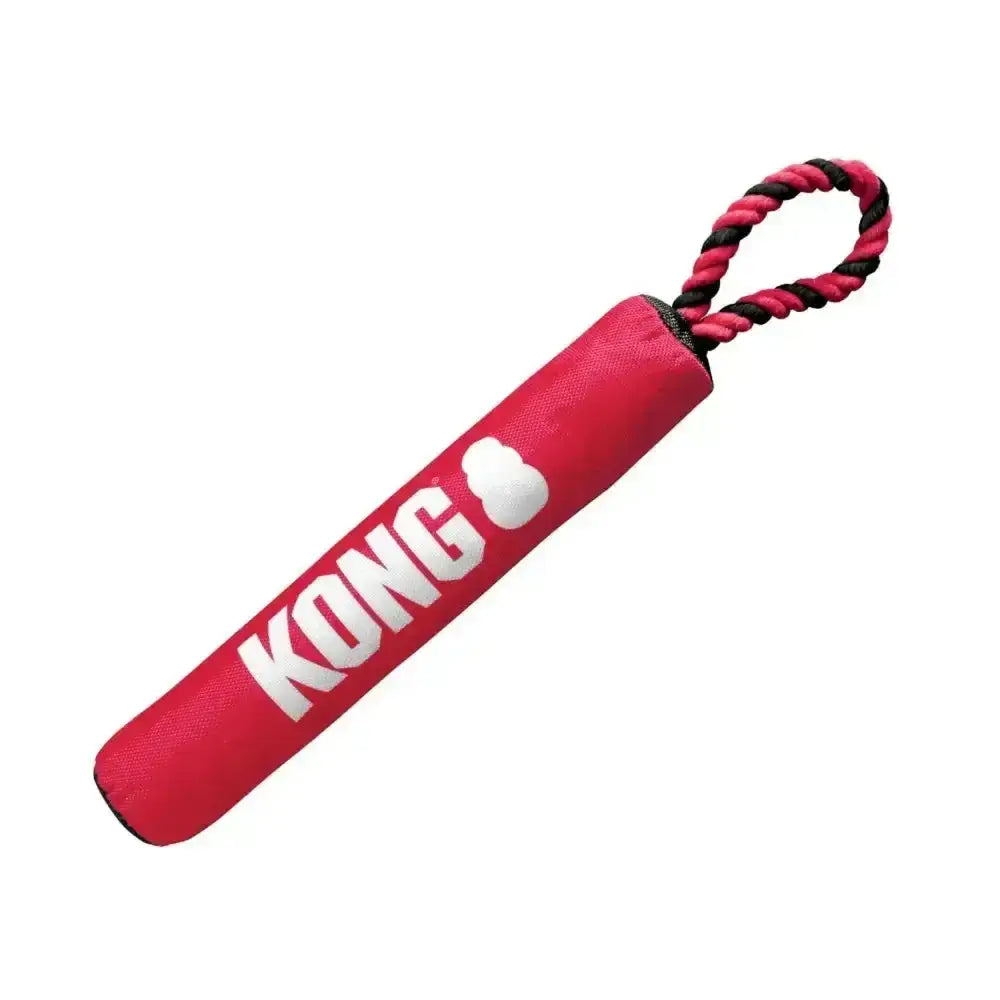Red kong signature stick dog toy with braided pink and black rope handle for long lasting tugging fun