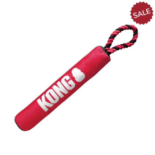 Red kong signature stick dog toy with black and red braided rope handle for medium dogs