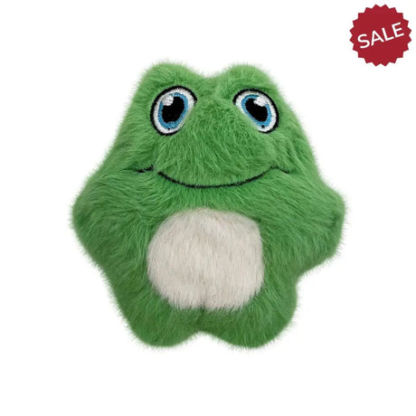 Green kong snuzzles mini plush frog toy with blue embroidered eyes and white belly patch perfect for kids