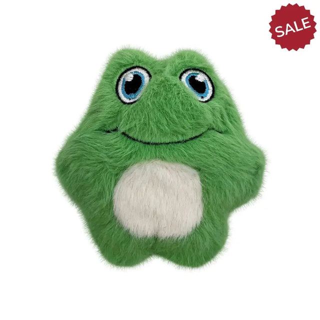 Green kong snuzzles mini plush frog toy with blue embroidered eyes and white belly patch perfect for kids