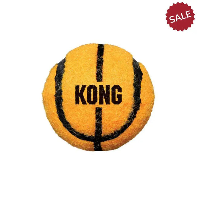 Bright orange fuzzy kong sport balls small dog toys with black lines designed like tennis balls