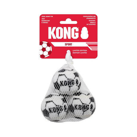 A pack of small black and white kong sport soccer balls with rubber walls in a mesh bag for easy sport use
