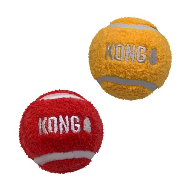 Red and yellow plush kong sport softies balls pack featuring softies balls with embroidered kong branding