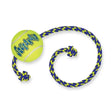 Bright yellow kong squeakair ball dog toy with blue logo attached to navy and neon green zigzag rope