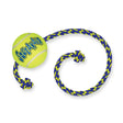 Bright yellow kong squeakair ball with blue branding attached to a blue and neon green zigzag rope for fetch play