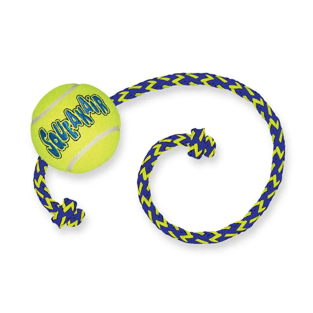 Bright yellow kong squeakair ball with blue branding attached to a blue and neon green zigzag rope for fetch play