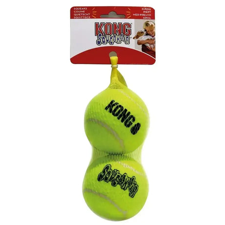 Bright neon green kong squeakair balls pack with bold black lettering and textured surface combines two classic dog toys
