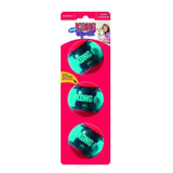 Three translucent teal and red kong squeezz action balls in a package for fetch and interactive play