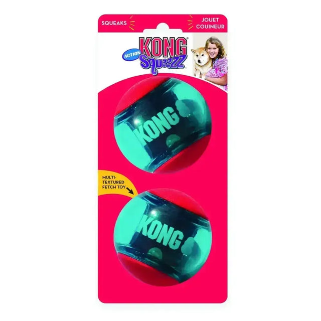 Two translucent teal and red kong squeezz action multi textured fetch balls for interactive play and chewing fun