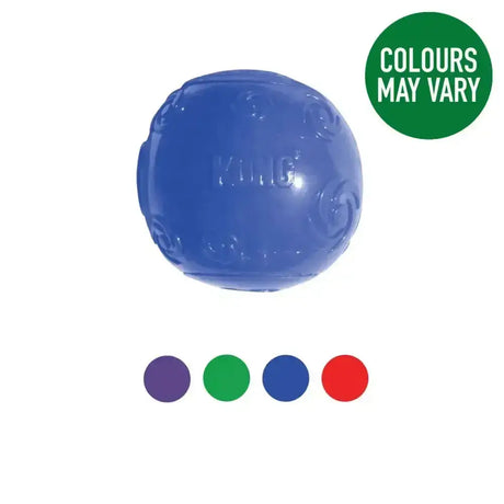 Blue textured rubber kong squeezz ball with recessed squeaker and embossed kong branding for funniest squeak playtime