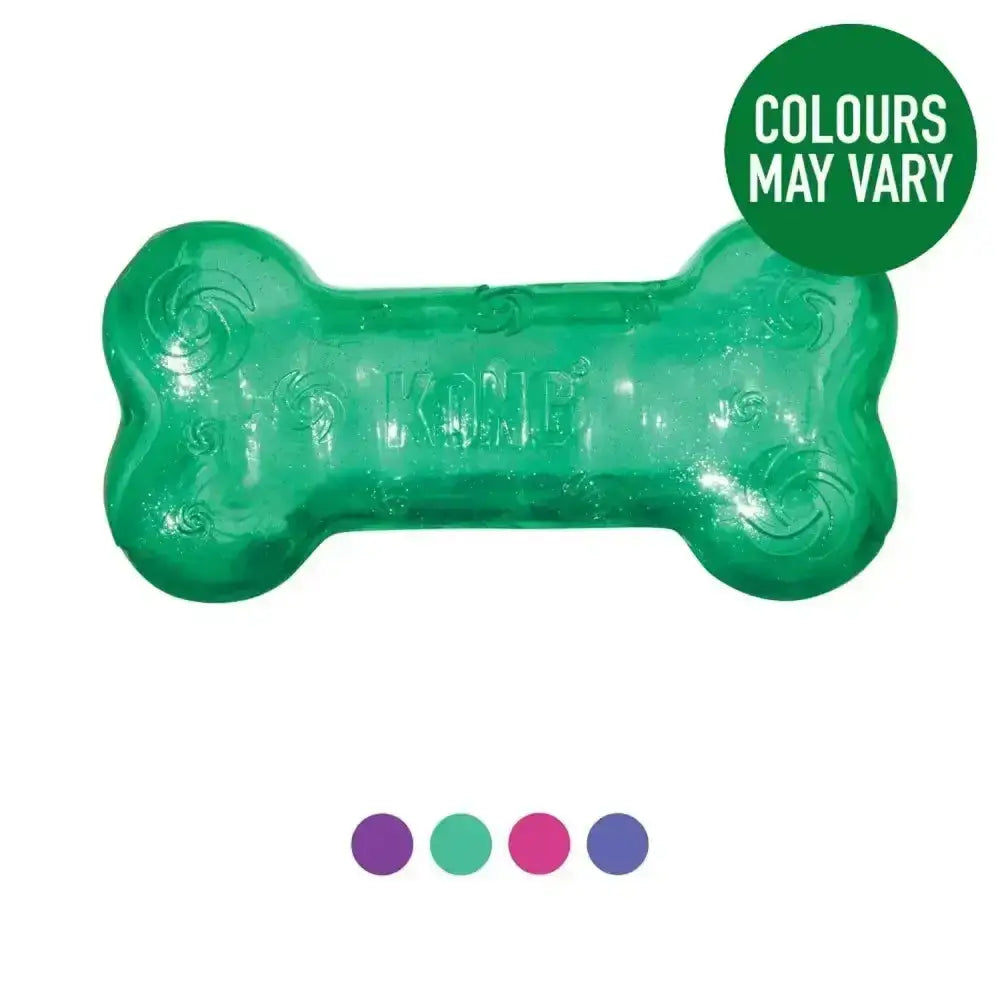Transparent green kong squeezz crackle bone dog toy made of durable rubber with a fun crackle sound for dogs