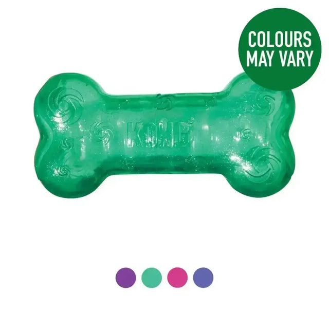 Transparent green kong squeezz crackle bone dog toy made of durable rubber with a fun crackle sound for dogs
